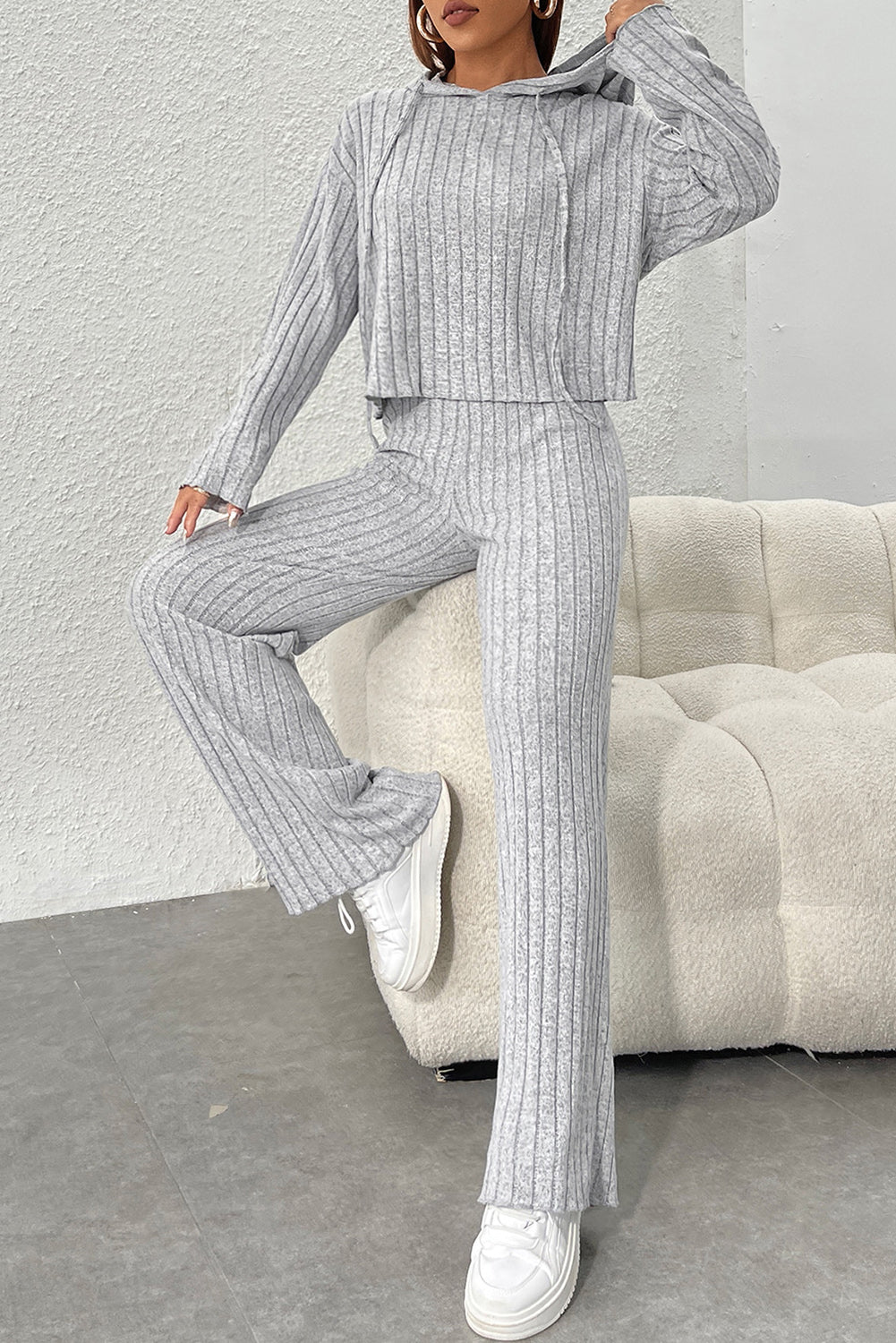 Gray Ribbed Knit Slouchy Hoodie Wide Leg Pants Set