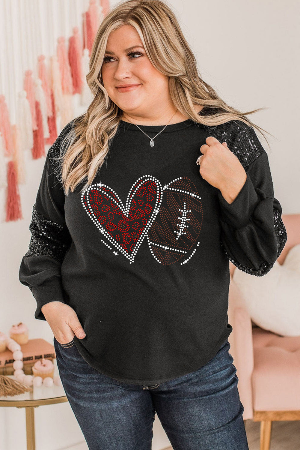 Black Rhinestone Heart Football Pattern Plus Size Top