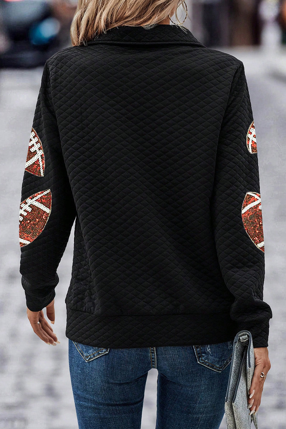 Black Sequin Football Patched Quarter Zip Sweatshirt