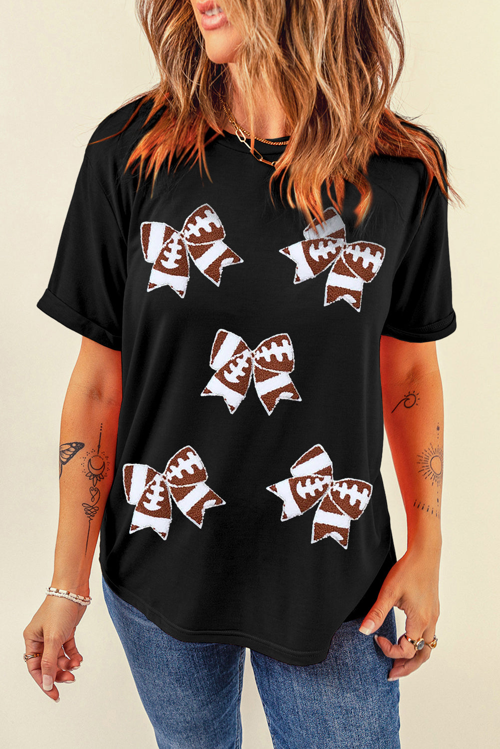 Black Football Bowknot Pattern T Shirt