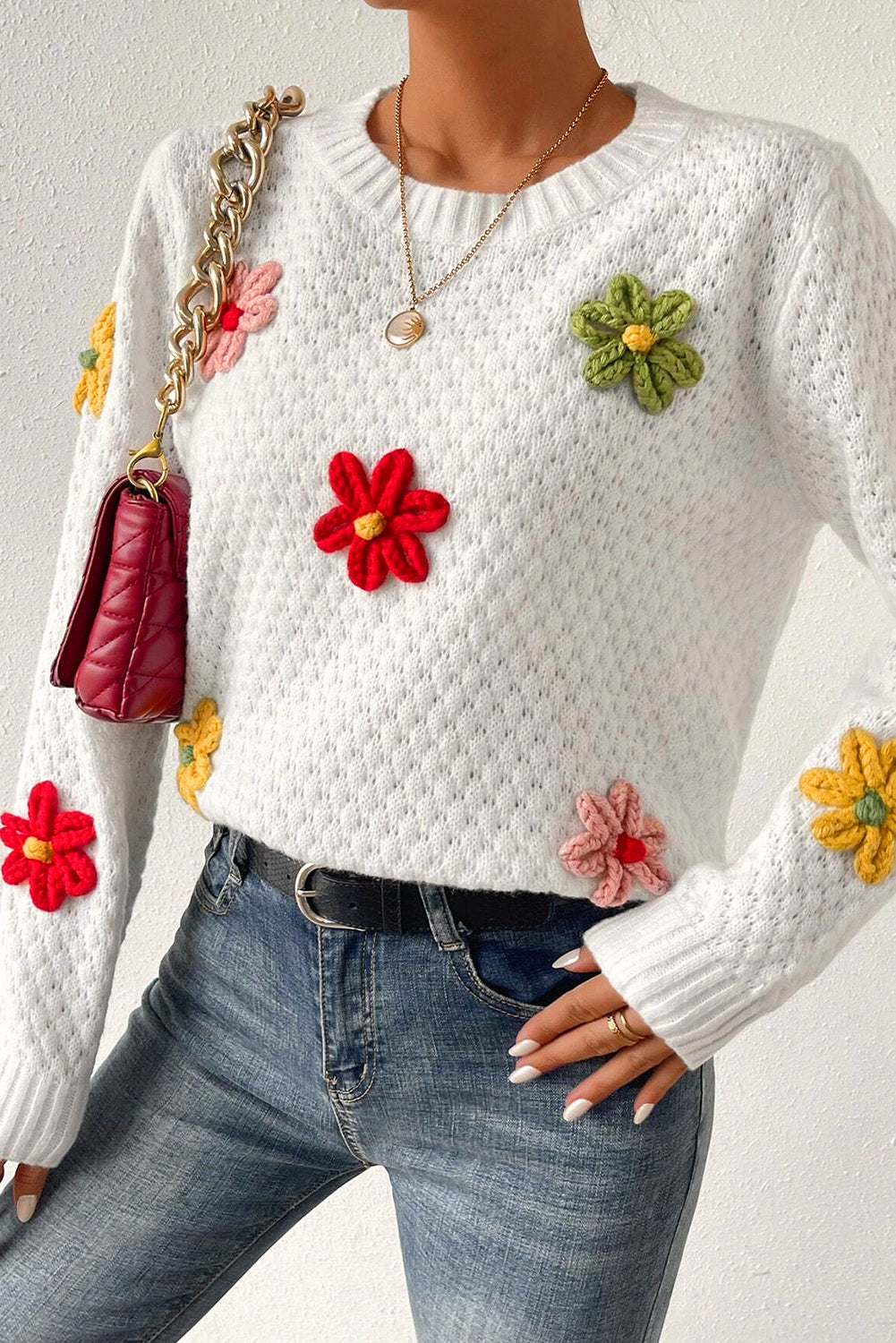 White Colorful Flower Sweater