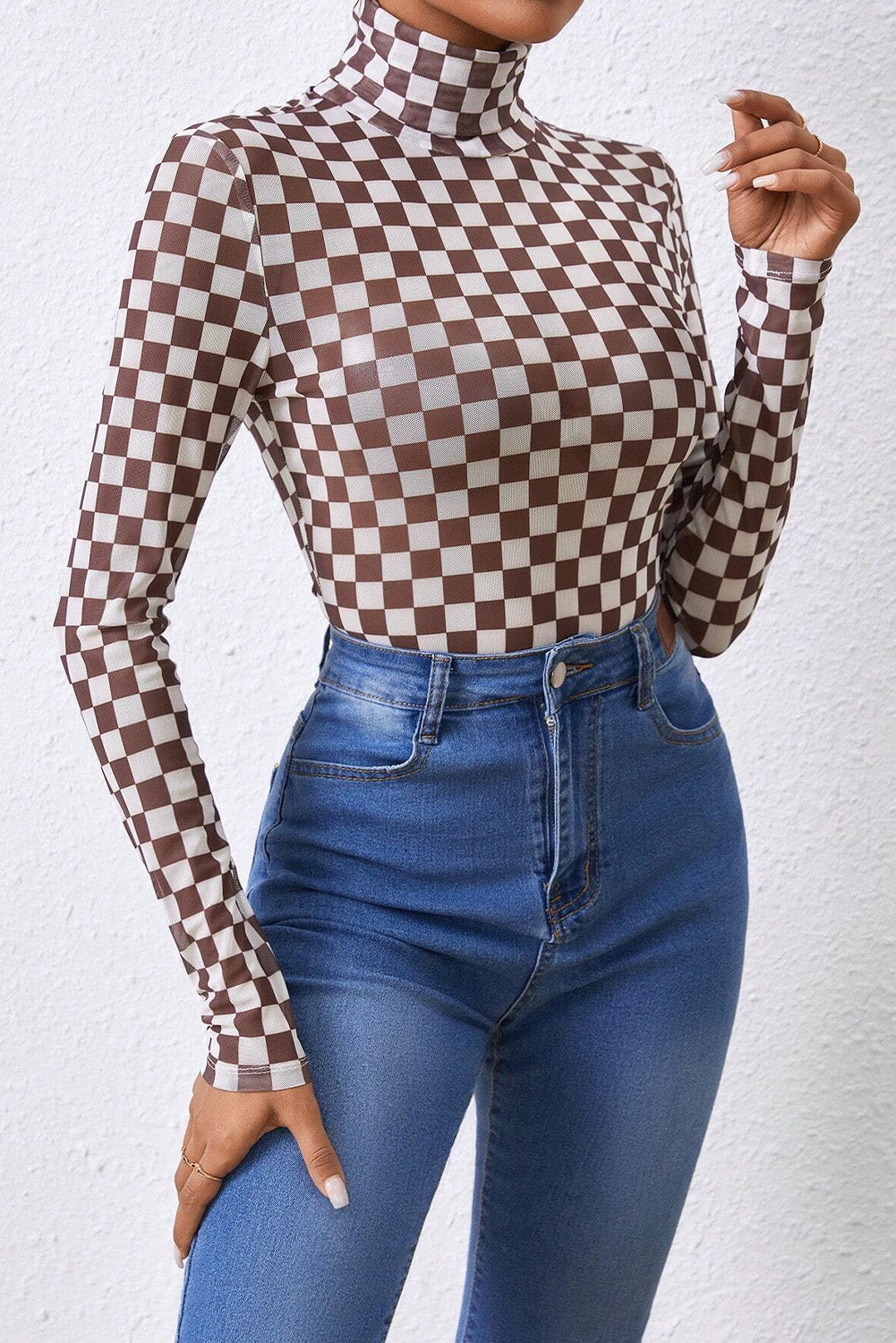 Black Checker Printed Long Sleeve Bodysuit