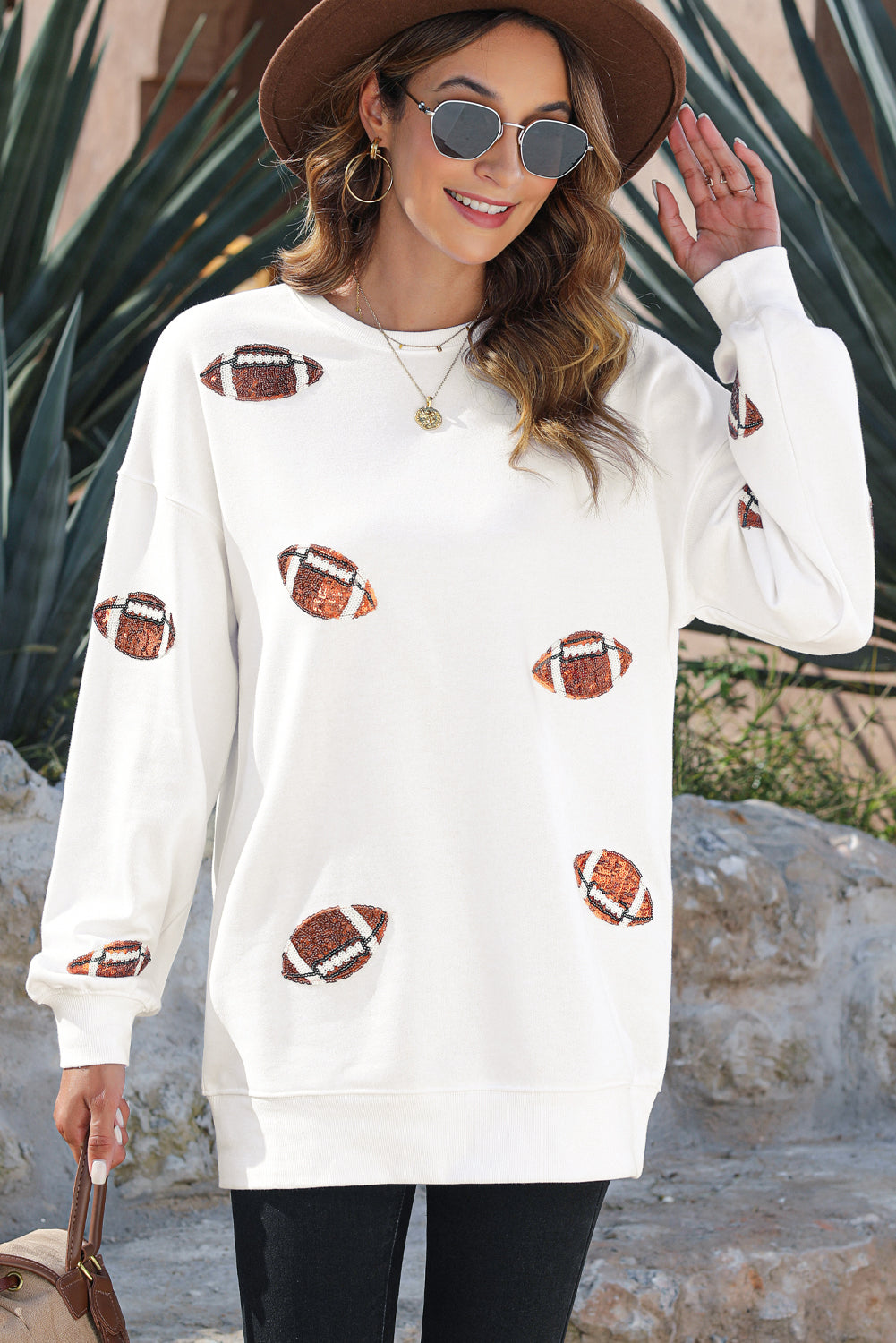 White Sequin Football Pullover Sweatshirt