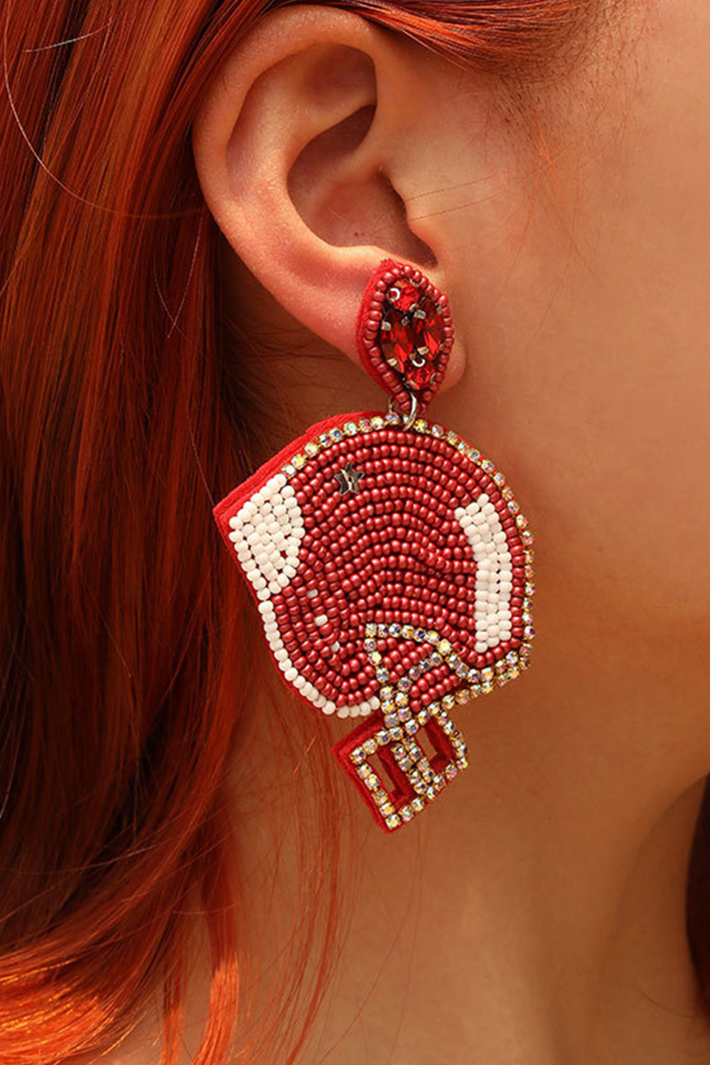 Fiery Red Football Helmet Beaded Dangle Earrings