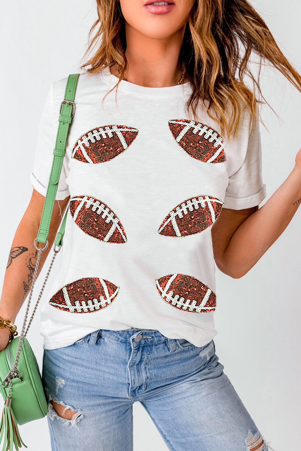 White Sequined Football Graphic T Shirt