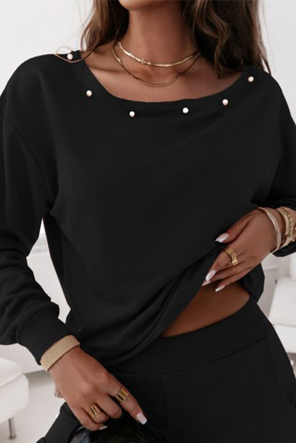 Black Beaded  Pullover Jogger  Set