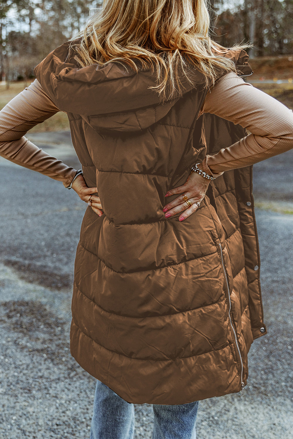 Hooded Long Quilted Vest Coat