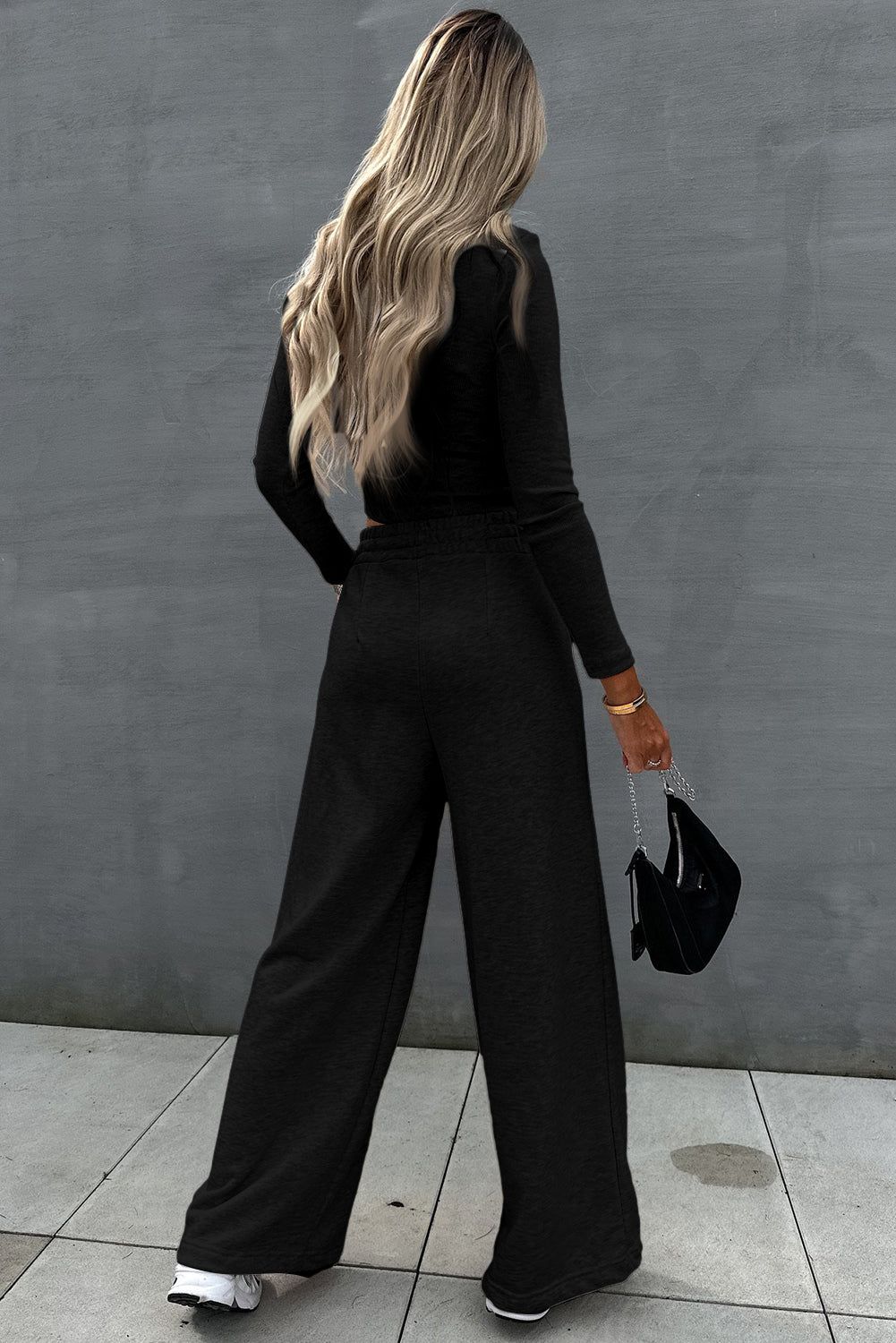 Black Crop Top and Wide Leg Pants Set