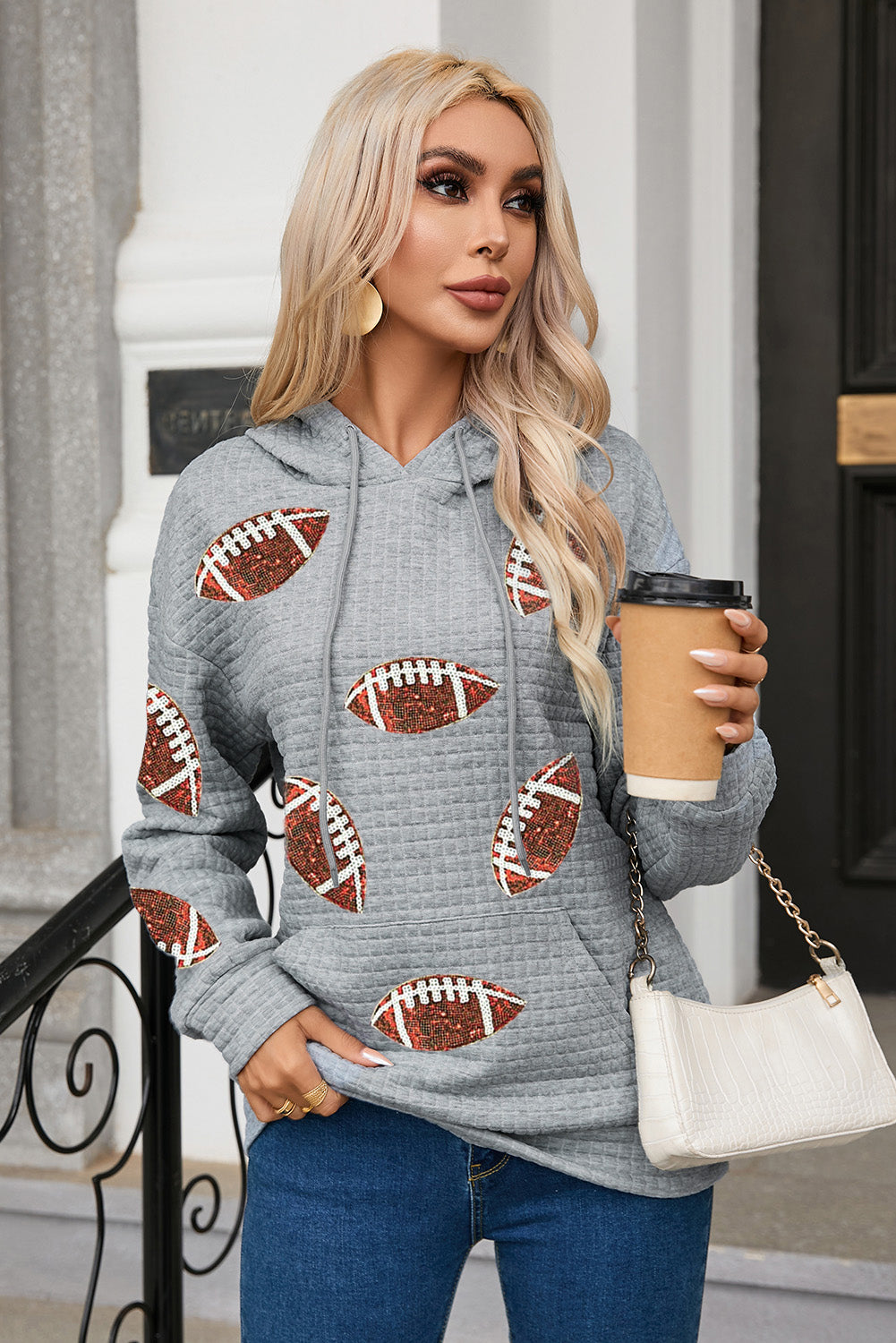 Gray Sequin Football Waffle Hoodie