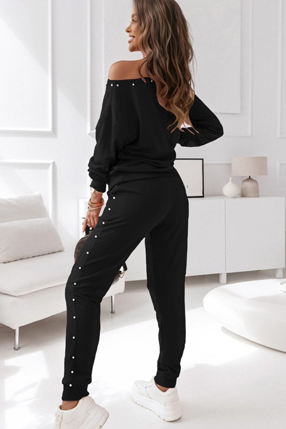 Black Beaded  Pullover Jogger  Set