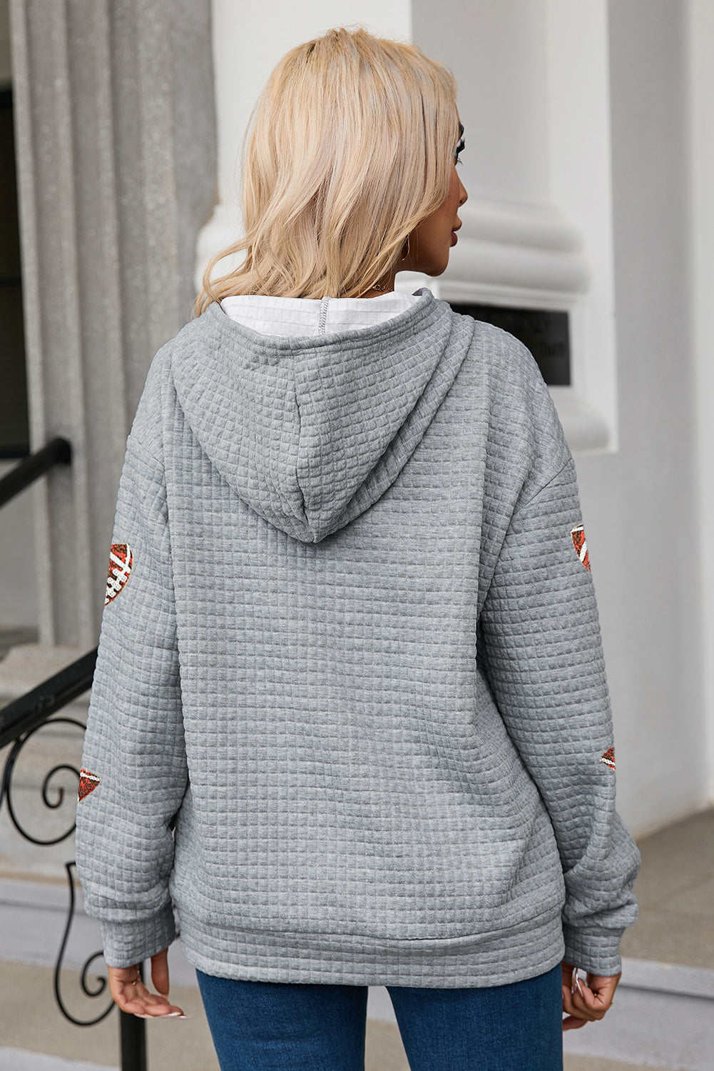 Gray Sequin Football Waffle Hoodie