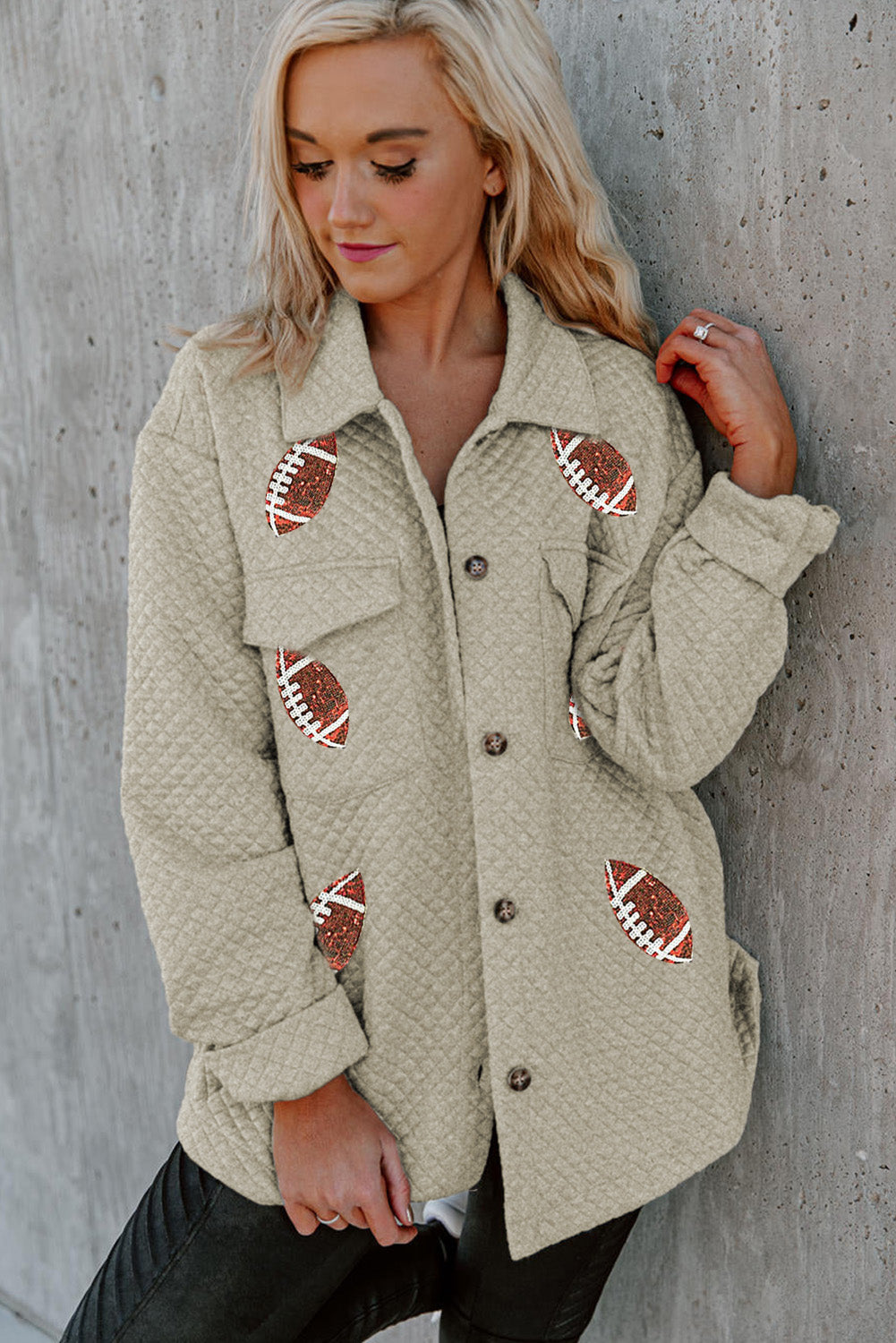 Beige Sequin Football Quilted Jacket