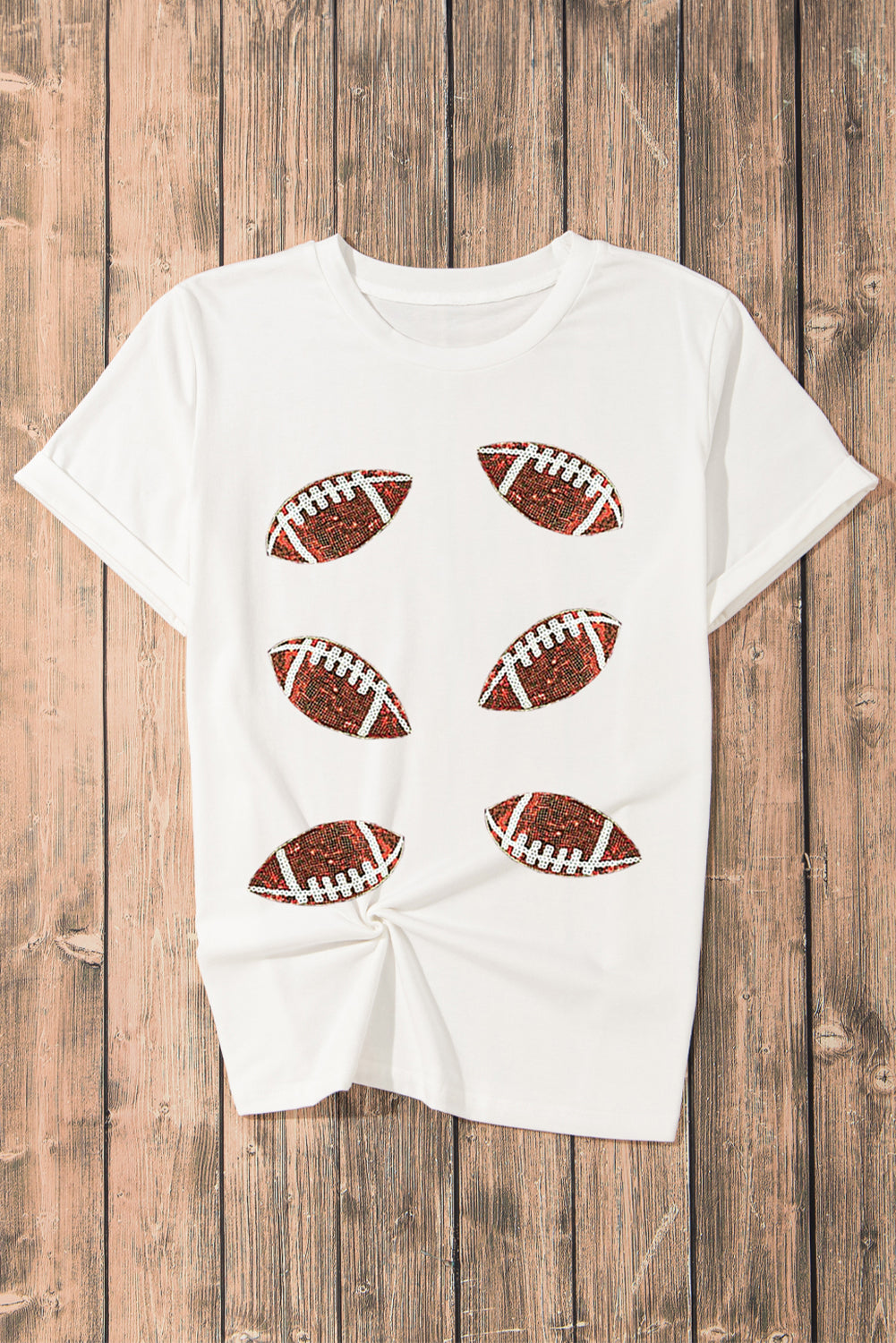 White Sequined Football Graphic T Shirt