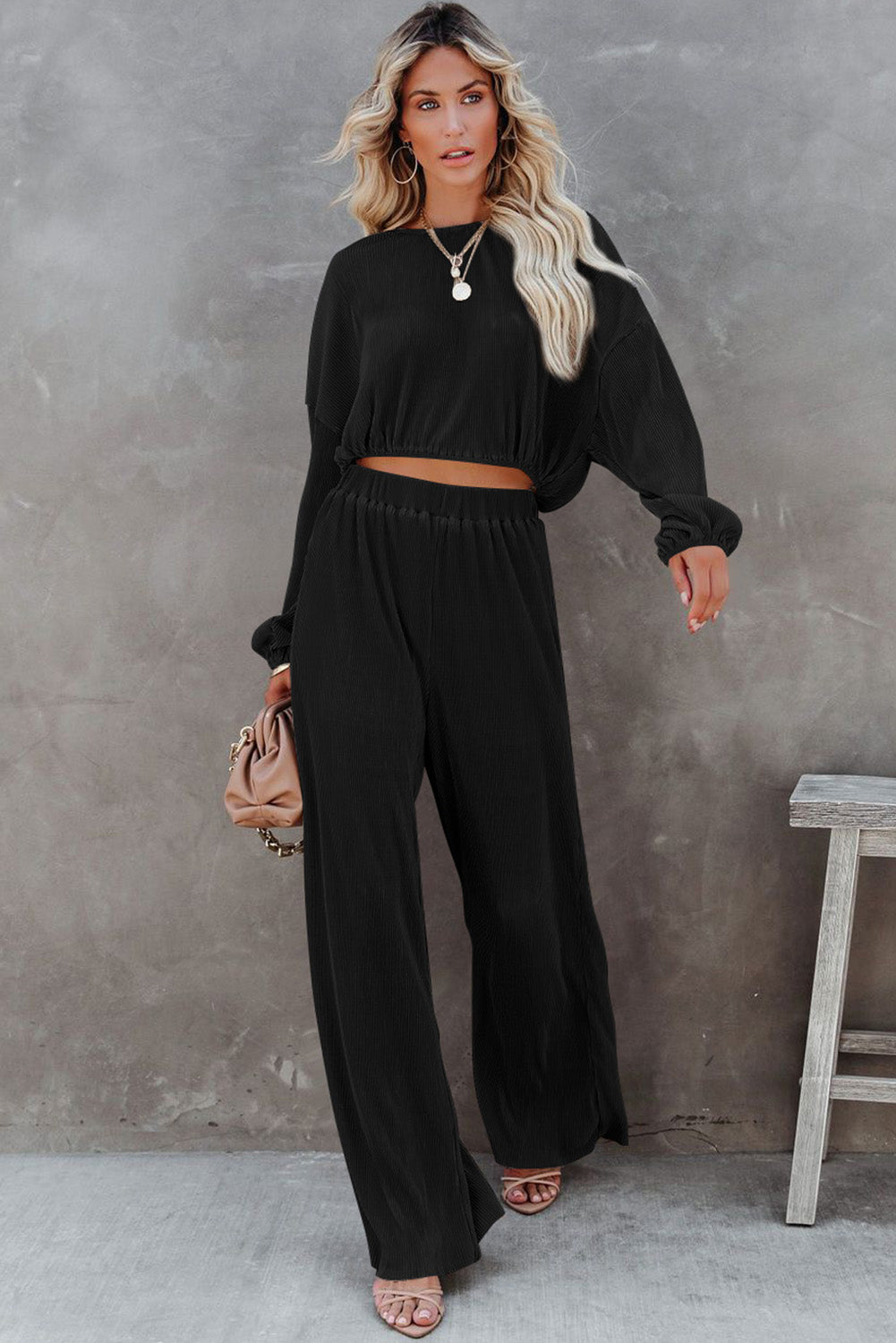 Black Corded Cropped Pullover Pants Set