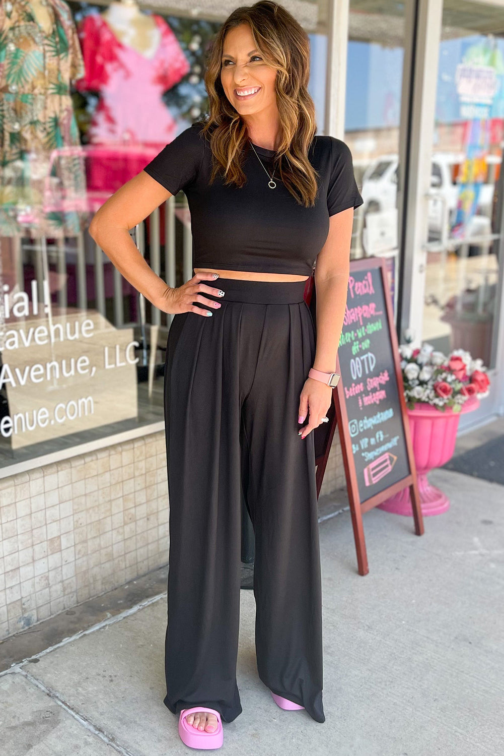 Slim Fit Crop Top and Pleated Wide Leg Pants Set