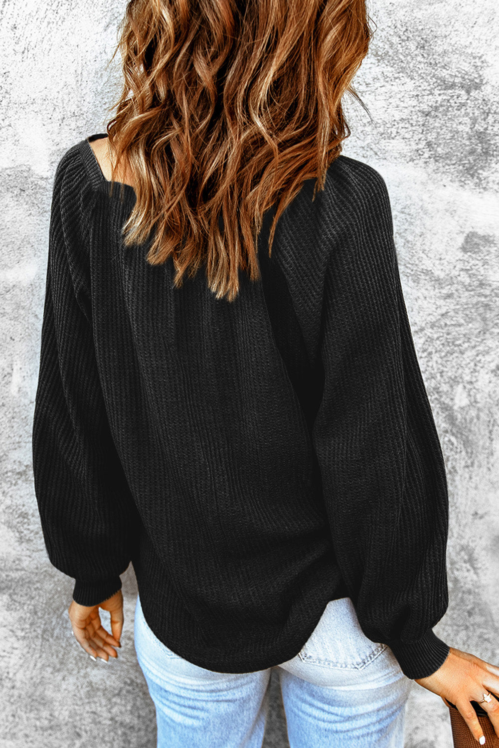 Black Football  Puff Sleeve Waffle Top