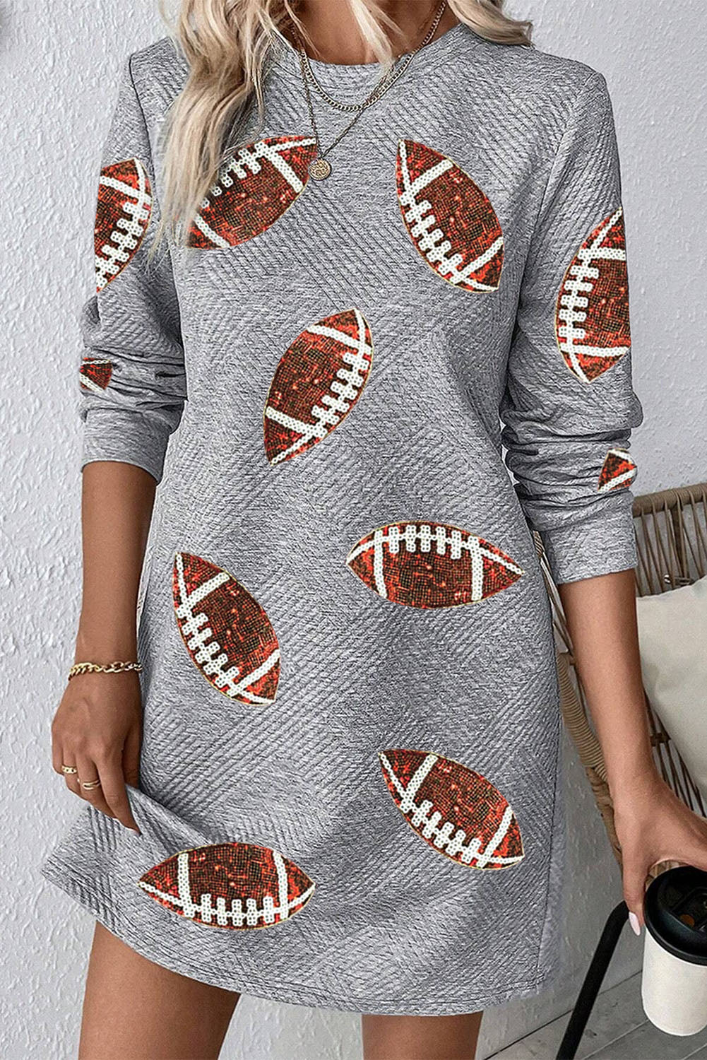 Gray Sequin Football Long Sleeve Mini Dress