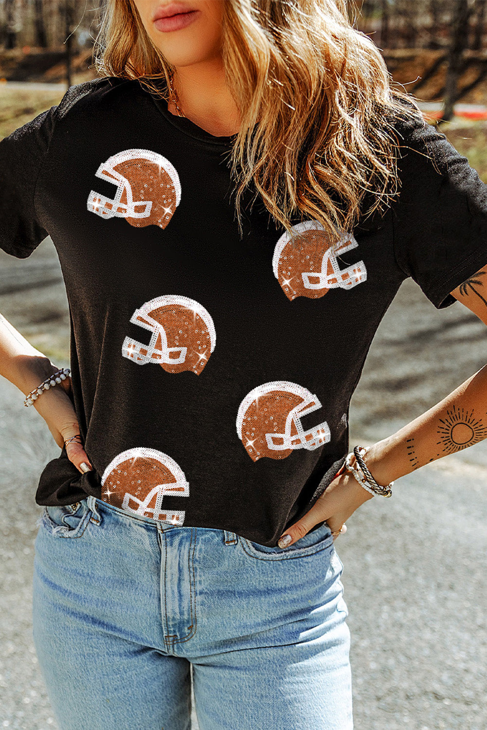 Black Sequin Football T Shirt