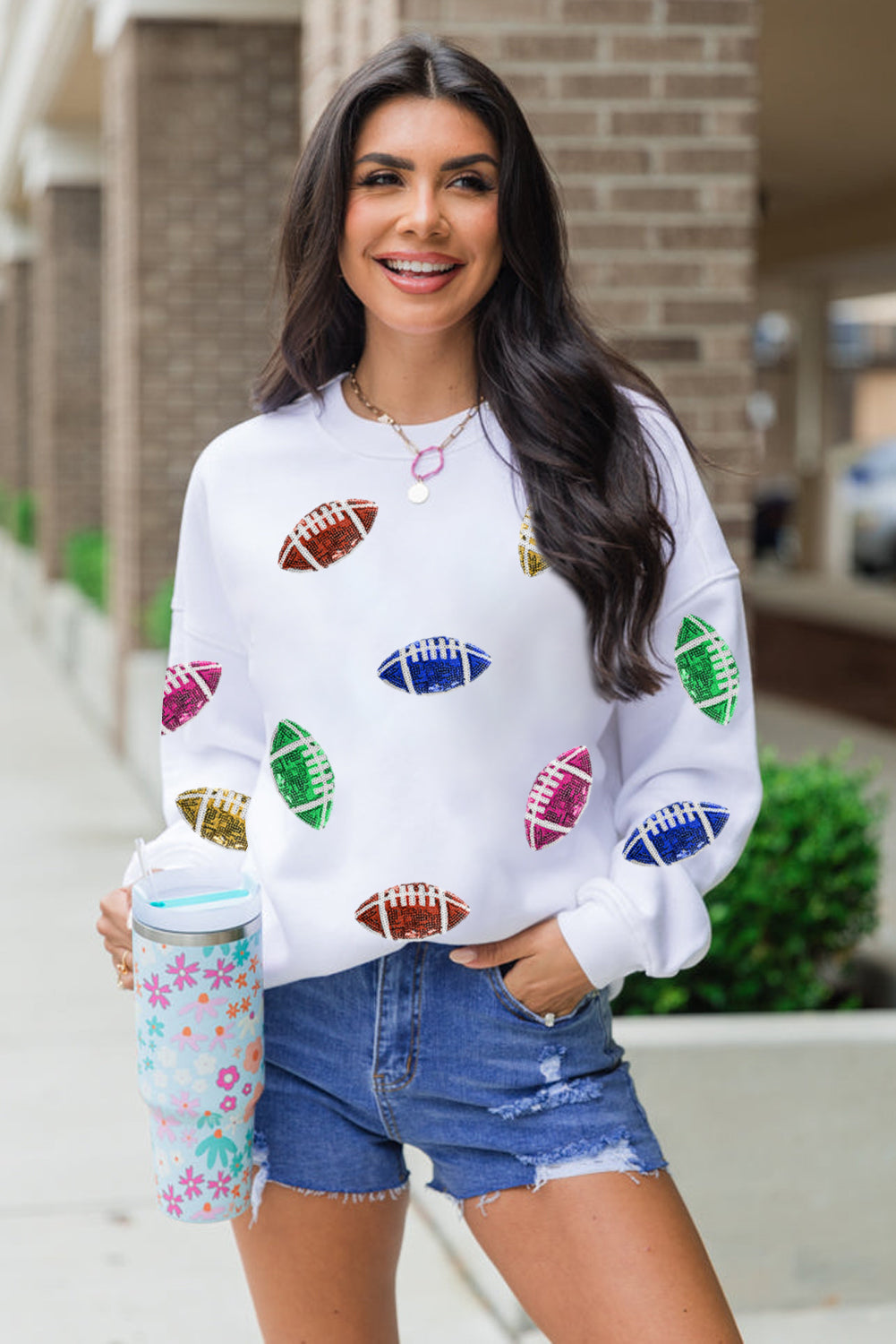 Beige Sequined Rugby Football O Neck Sweatshirt