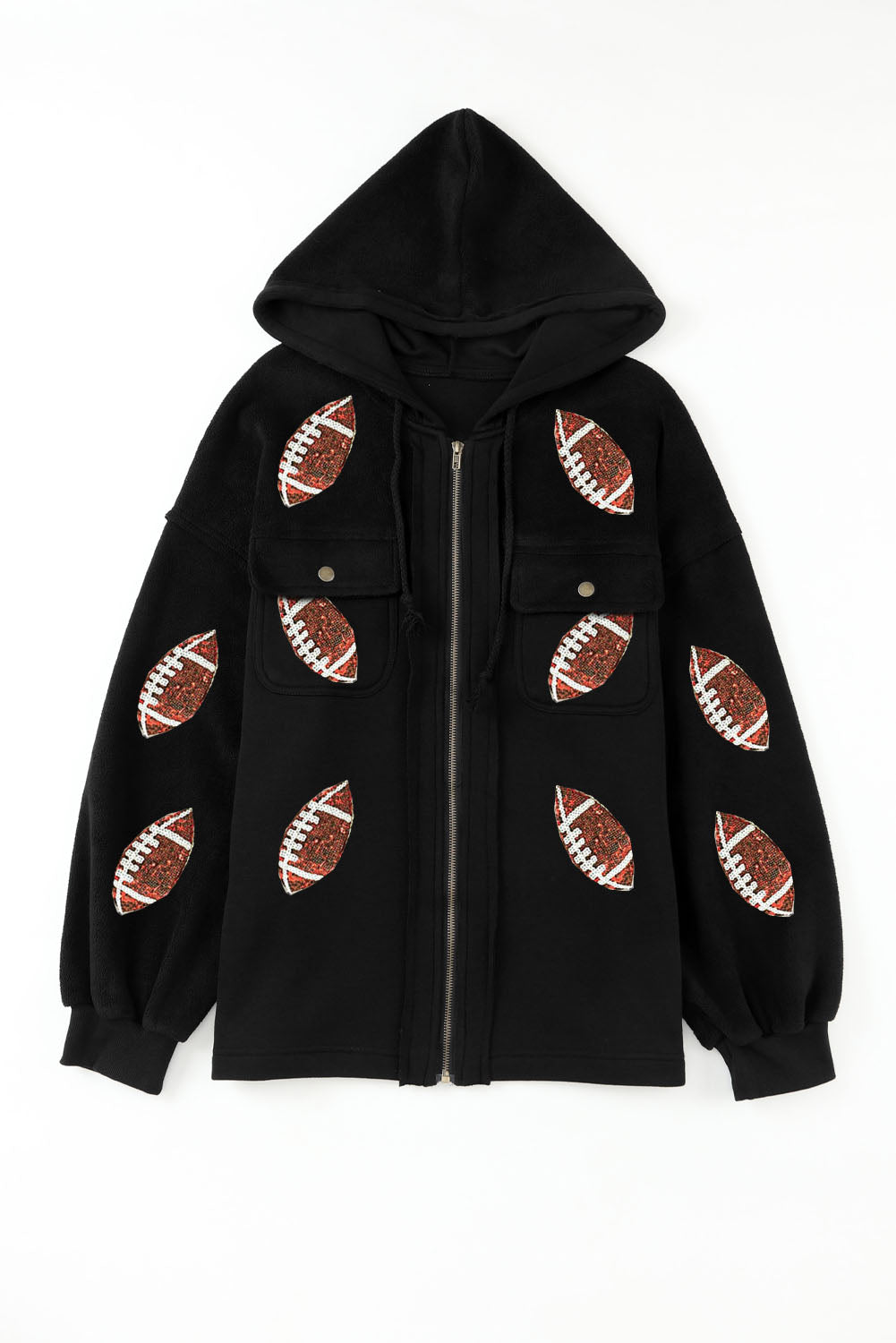 Black Sequined Football Pattern Zipper Jacket