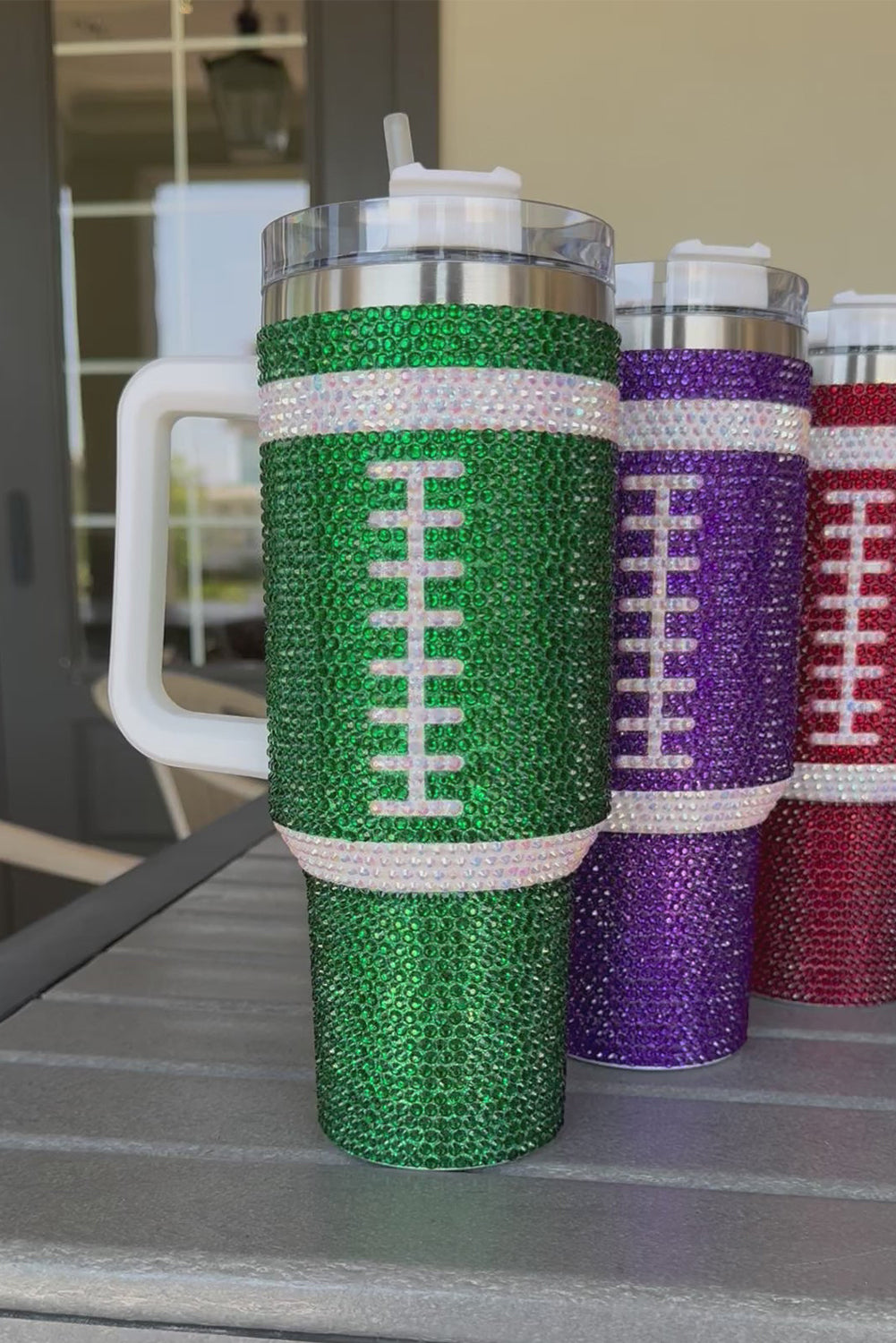 Dark Green Rhinestone  Football Cup 40oz