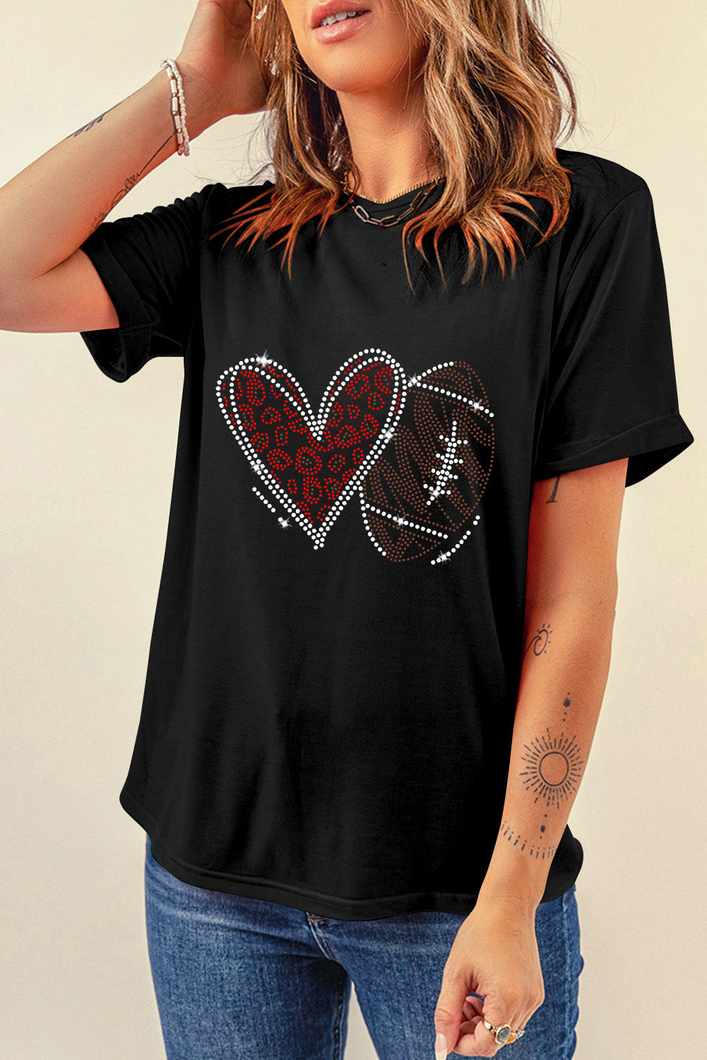 Black Rhinestone Football Heart Shape  T Shirt